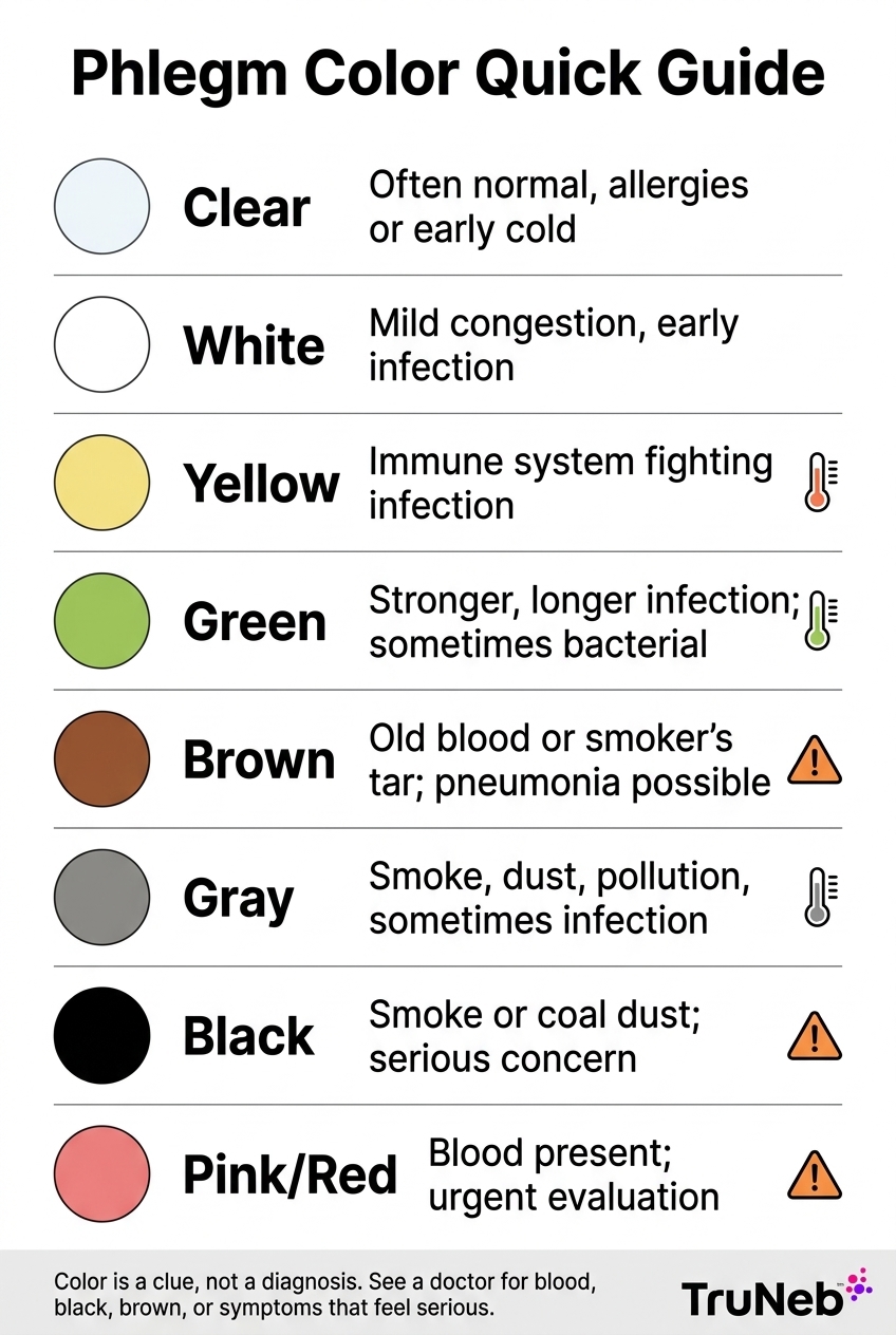 Phlegm color quick guide infographic with eight color rows and brief explanations