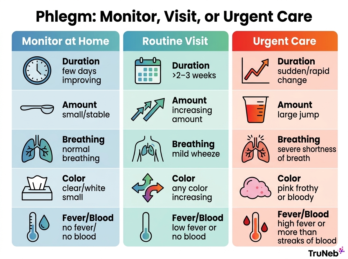 Infographic chart showing when to monitor phlegm at home, see a doctor, or seek urgent care