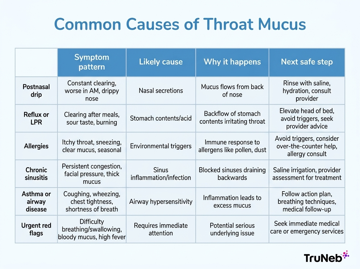 Comparison table infographic of common throat mucus causes, symptom patterns, reasons, and next safe steps
