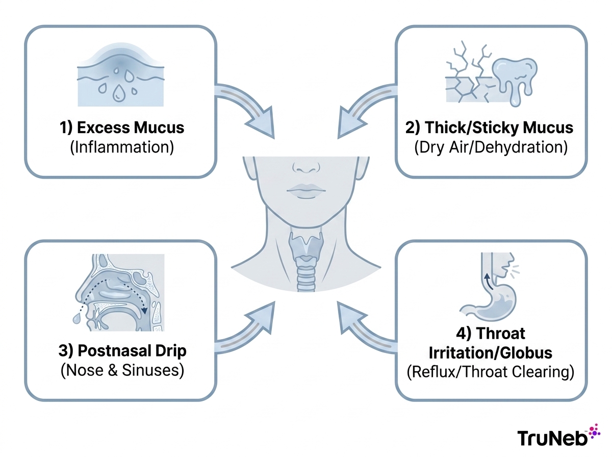 Infographic showing four causes of a stuck mucus feeling in the throat: inflammation, thick mucus, postnasal drip, and reflux irritation