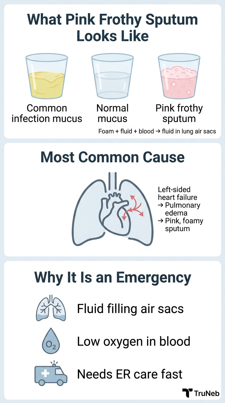 Infographic: What Pink Frothy Sputum Tells You Infographic explaining what pink frothy sputum looks like, its main heart-related cause, and why it is an emergency
