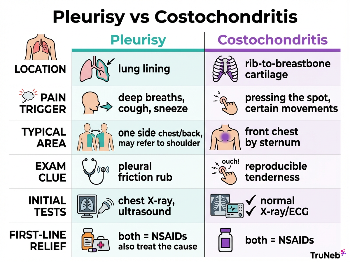 Infographic comparing pleurisy and costochondritis by location, pain triggers, exam clues, tests, and first-line treatment.