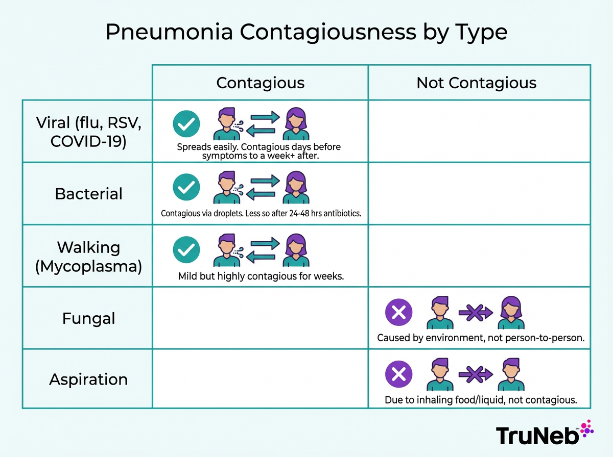 Pneumonia contagiousness by type chart Chart showing which pneumonia types are contagious and typical time windows.