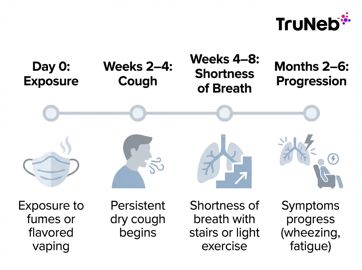 Simple timeline showing onset of popcorn lung symptoms from exposure through early cough and breathlessness.