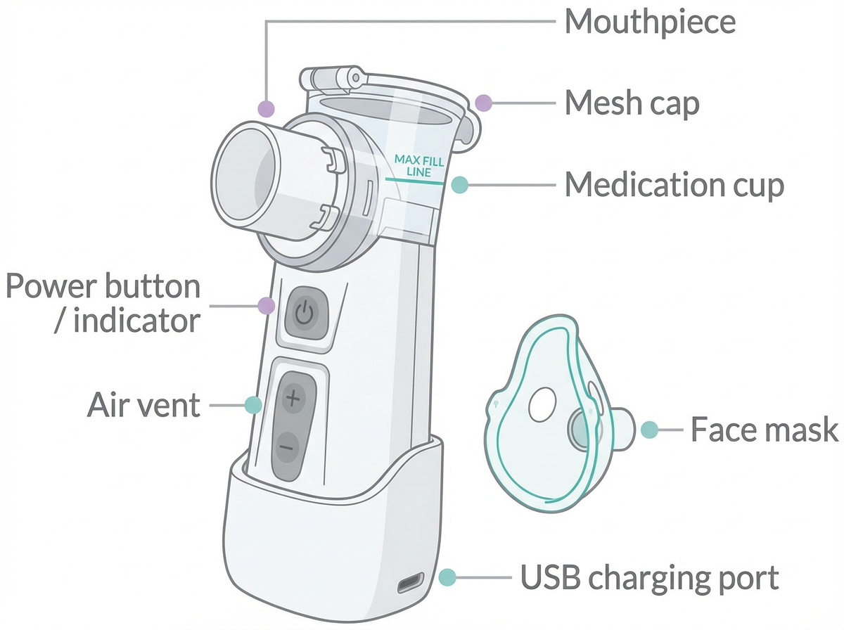 Portable mesh nebulizer parts diagram Labeled diagram of a portable mesh nebulizer with key parts highlighted