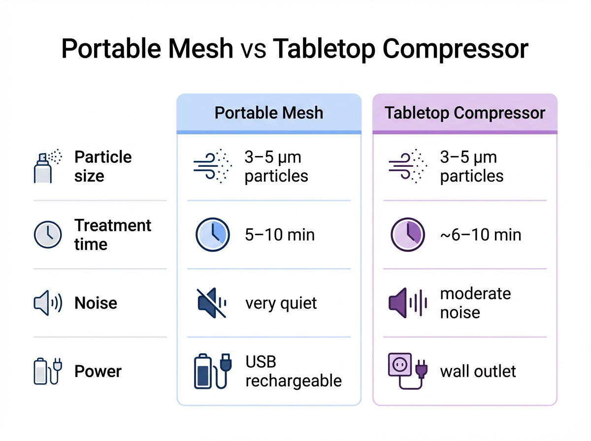 Comparison of portable mesh and tabletop compressor nebulizers for particle size, speed, noise, and power.