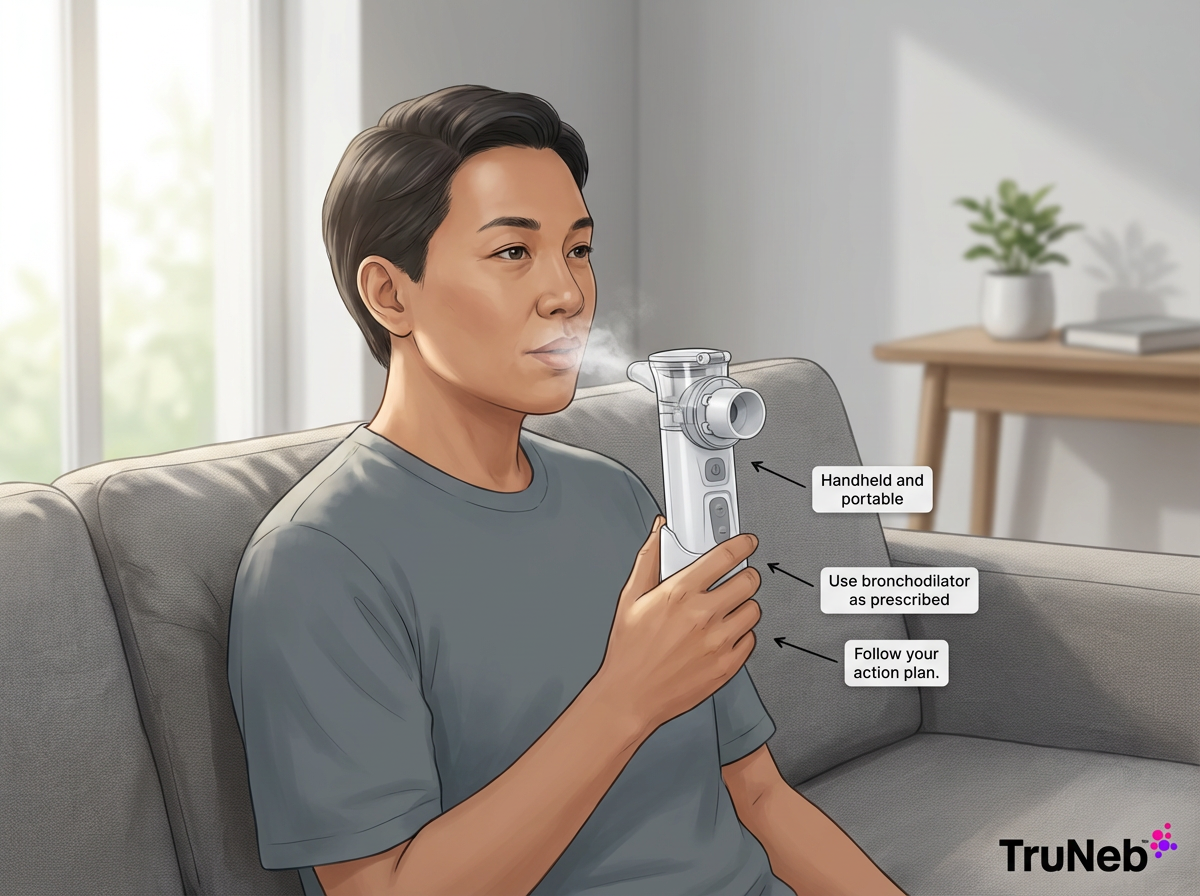 Using a Portable Nebulizer for Asthma Relief Person using a portable mesh nebulizer on a living-room sofa