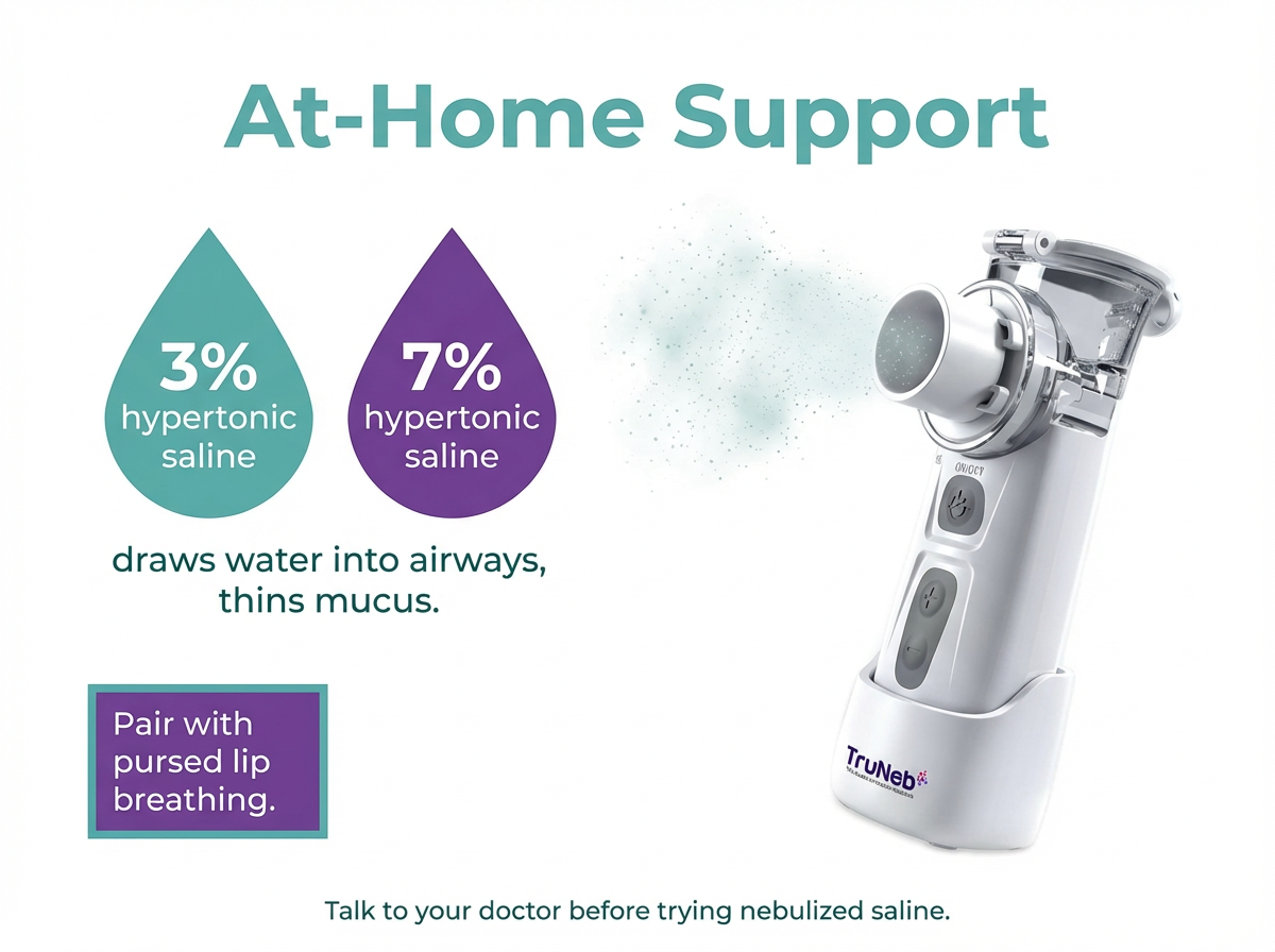 Infographic showing a portable nebulizer and 3% vs 7% hypertonic saline to thin mucus.