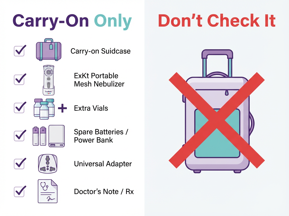 Infographic checklist of carry-on travel essentials including a portable nebulizer, extra medication vials, spare batteries or power bank, universal adapter, doctor\u0019s note, and a red X over checked luggage