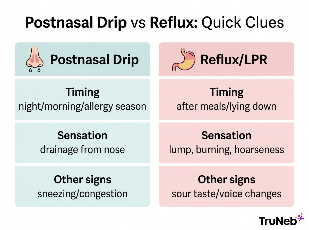Infographic comparing postnasal drip and reflux using timing, sensation, and other signs