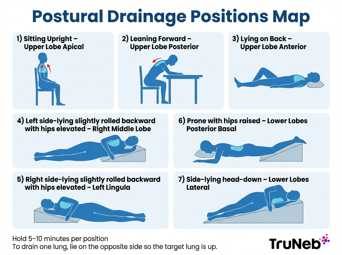 Postural drainage positions map showing 7 body positions for different lung areas