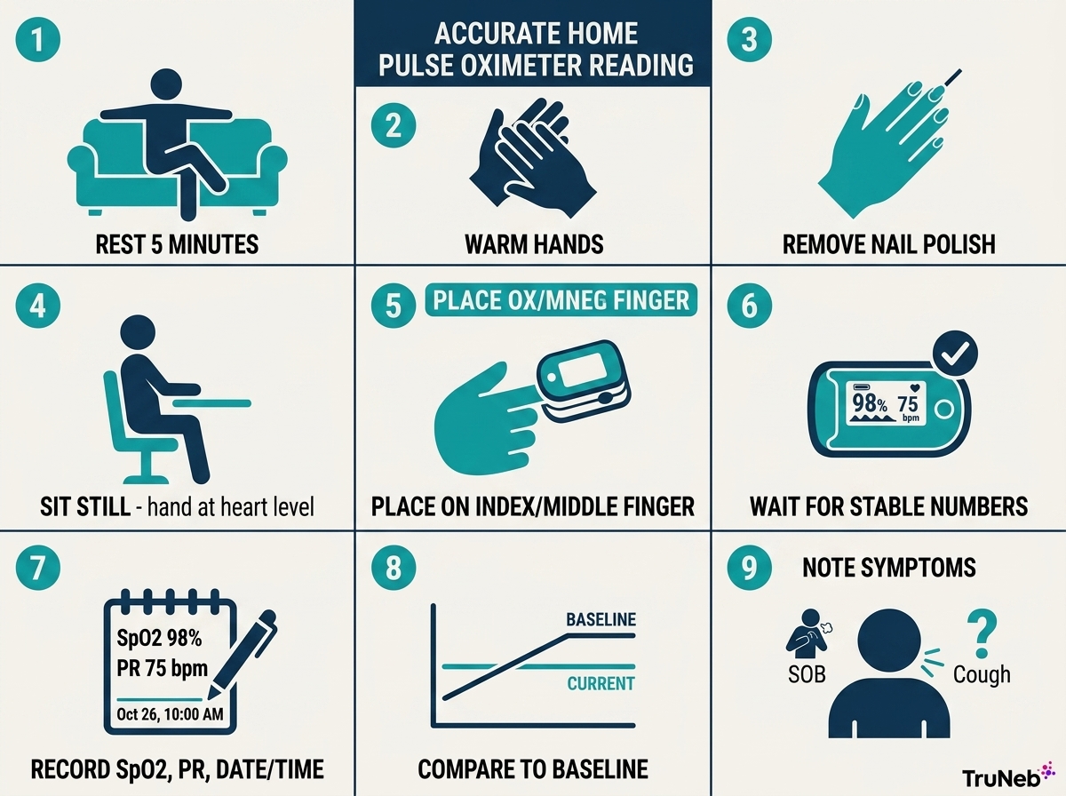 Step-by-step guide to warming the hand, placing a pulse oximeter, sitting still, and waiting for a steady reading.