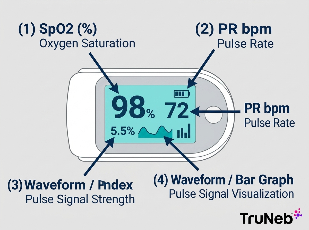 Annotated pulse oximeter screen showing SpO2 percentage, PR bpm pulse rate, perfusion index, waveform, and battery icon.