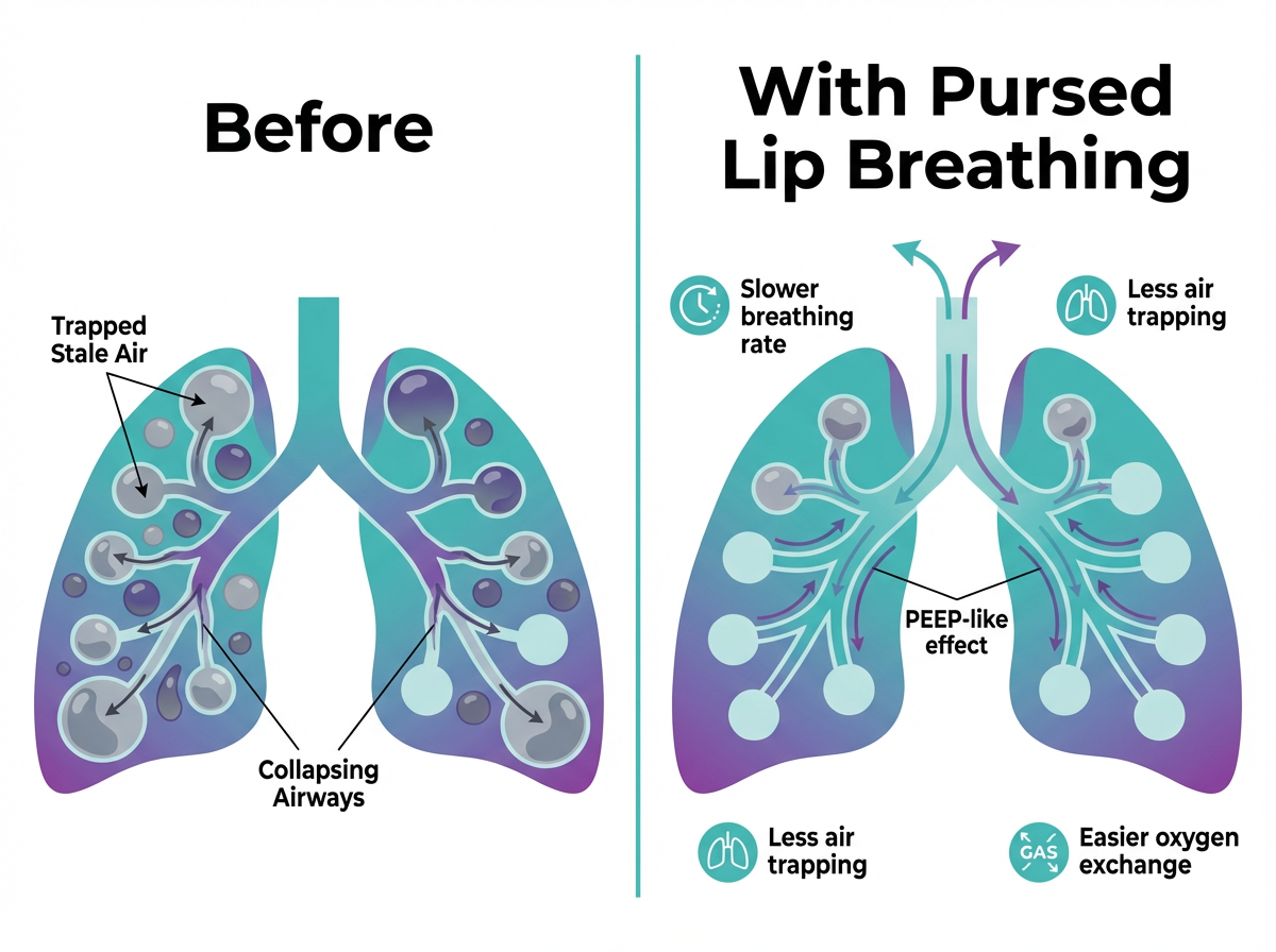 Simple lung diagram showing reduced air trapping with pursed lip breathing.