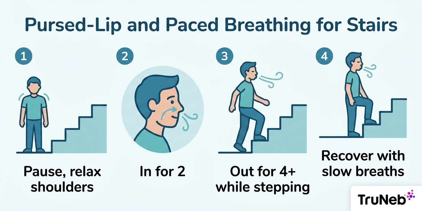 Infographic showing step-by-step pursed-lip and paced breathing technique for climbing stairs.