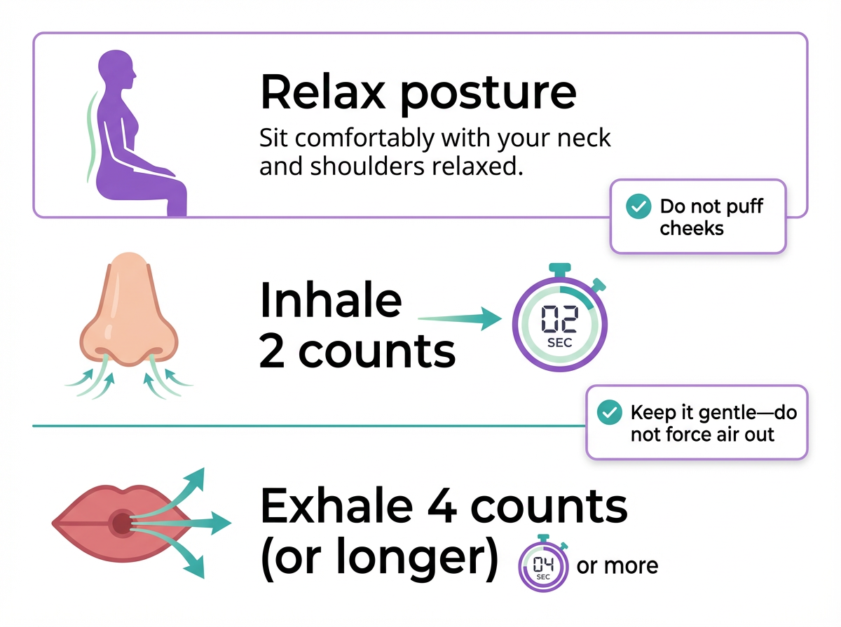 Step-by-step graphic showing inhale through nose for 2 and slow exhale through pursed lips for 4.