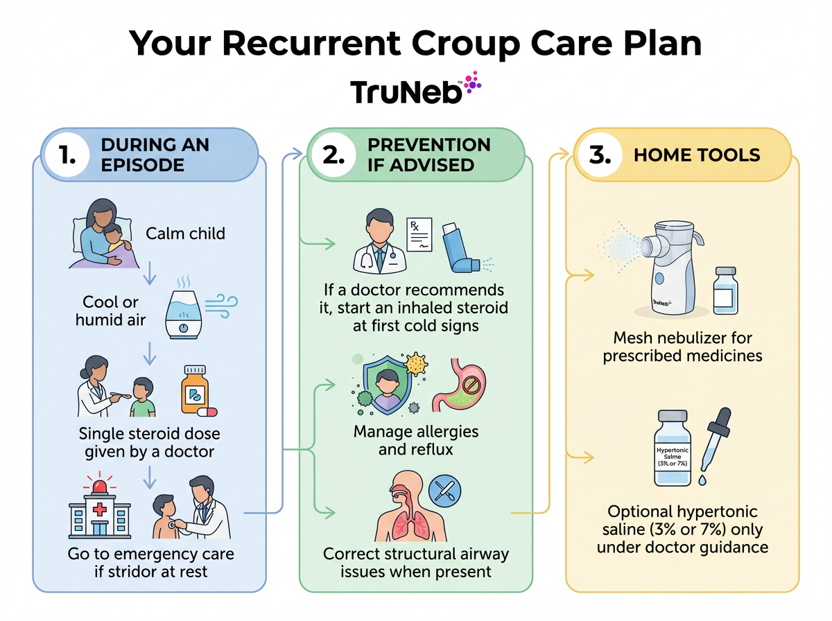 Flowchart-style infographic outlining a three-step care plan for managing recurrent croup at home and with a doctor.