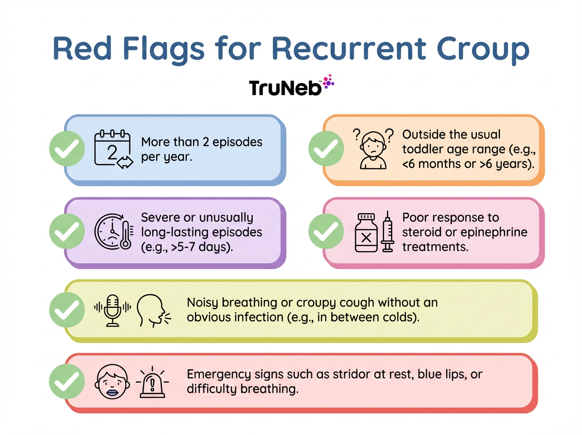 Checklist infographic highlighting red flag signs that recurrent croup may need further medical evaluation.