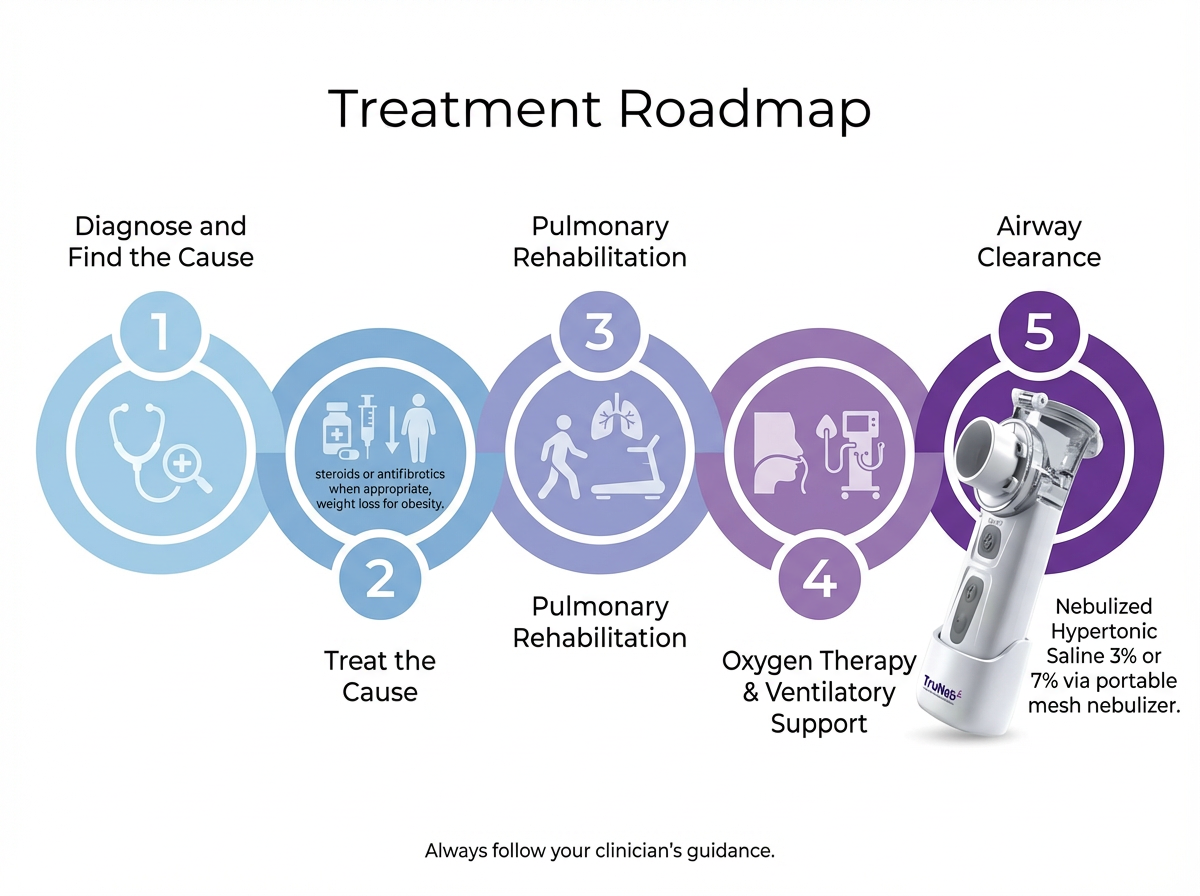 Restrictive Lung Disease Treatment Roadmap Infographic Five-step treatment roadmap for restrictive lung disease including airway clearance with a portable mesh nebulizer