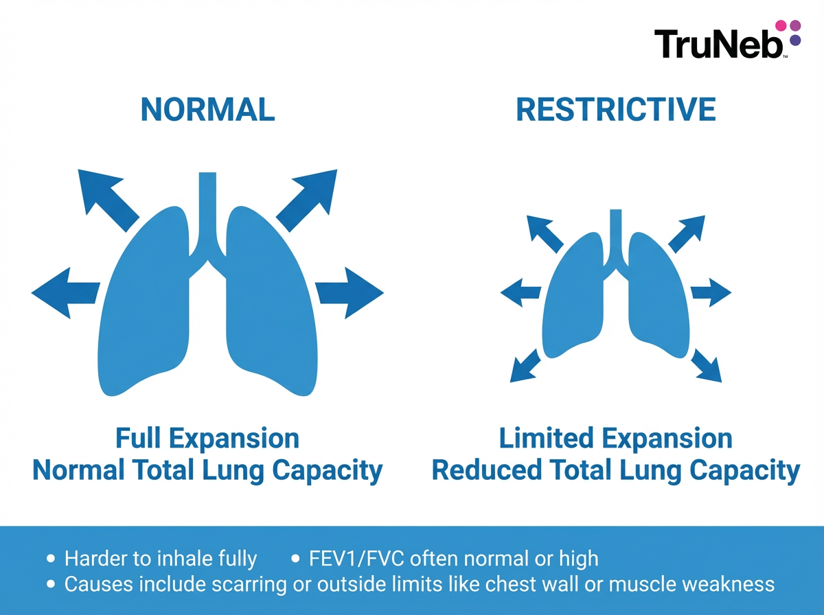 Normal vs Restrictive Lung Capacity Infographic Infographic comparing normal and restrictive lung capacity with lung icons and arrows