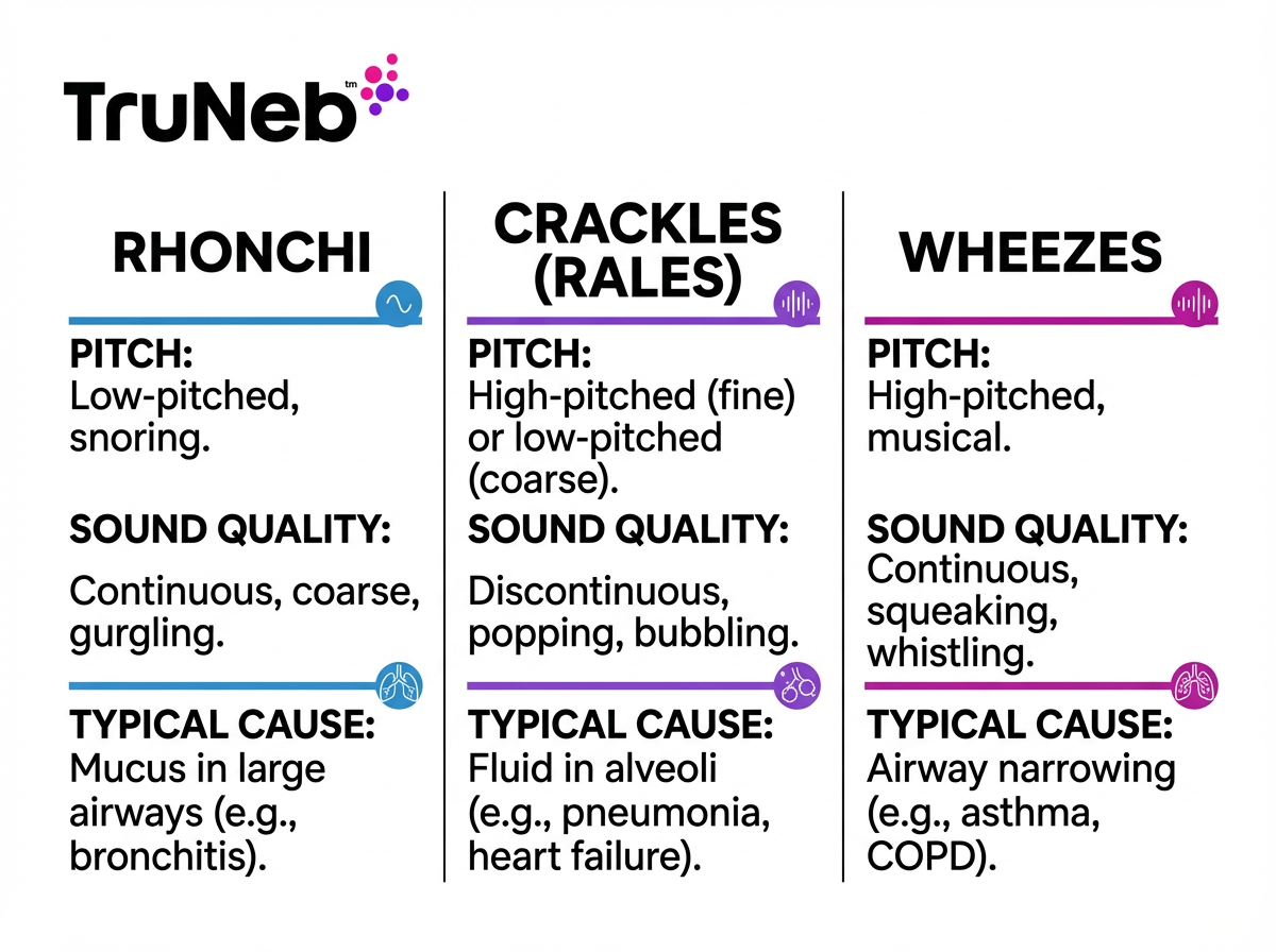 Infographic chart comparing rhonchi, crackles (rales), and wheezes by pitch, sound quality, and typical respiratory causes.