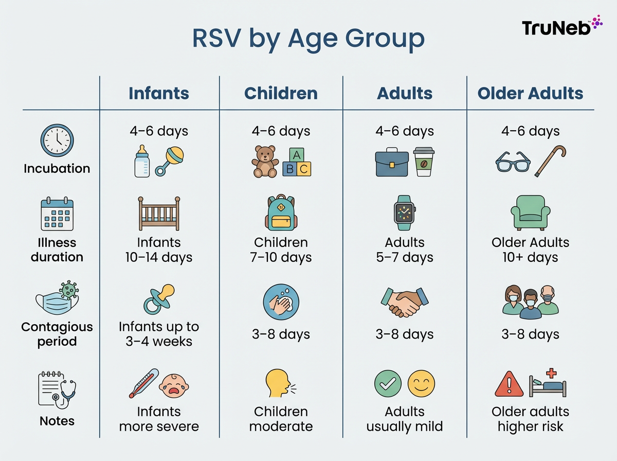 Grid comparing RSV incubation, illness duration, and contagious period across infants, children, adults, and older adults.