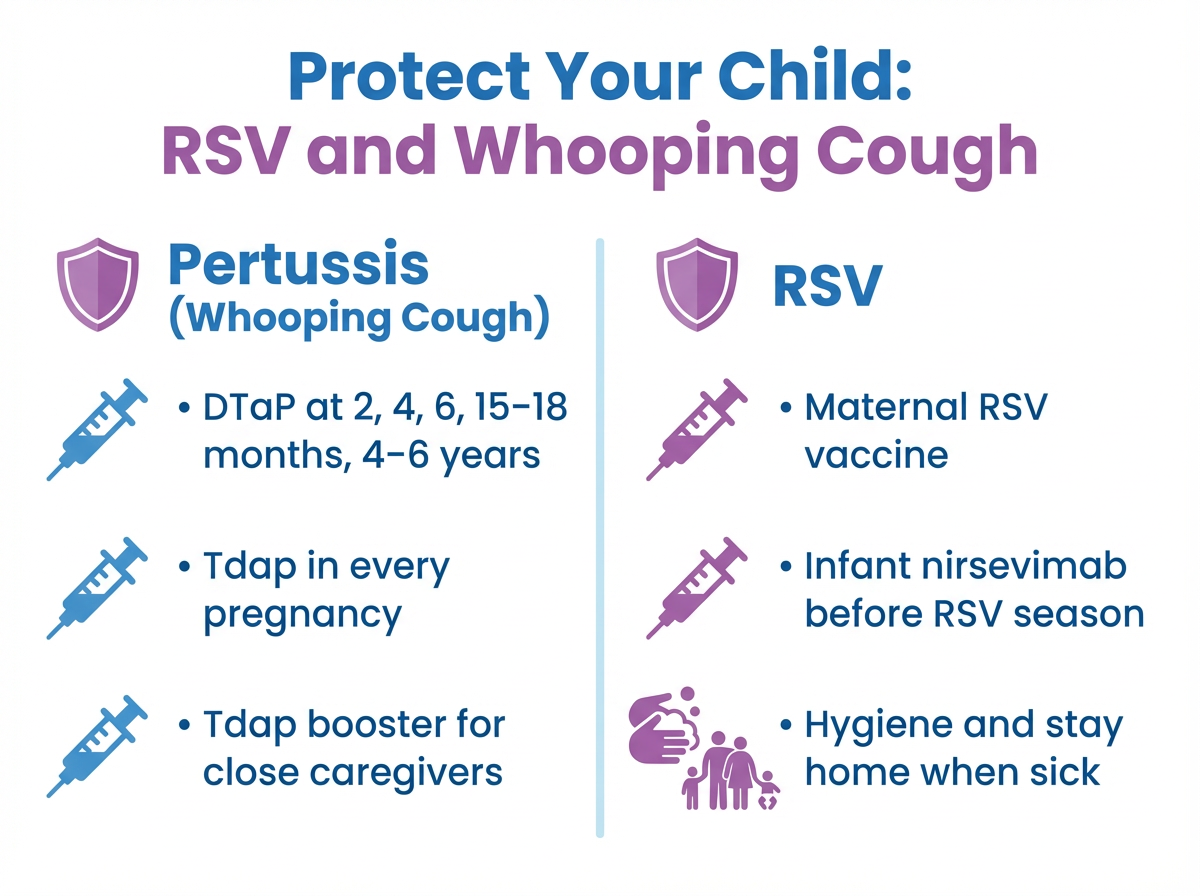Protect Your Child: RSV and Whooping Cough prevention checklist Simple checklist graphic for preventing pertussis and RSV with vaccines, antibodies, and hygiene.