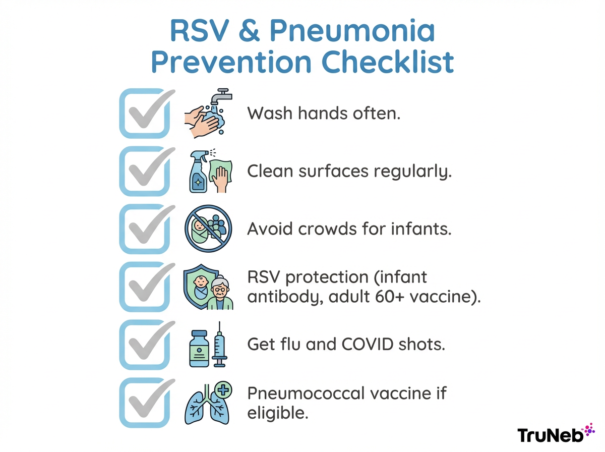 Checklist infographic summarizing key steps to prevent RSV and pneumonia