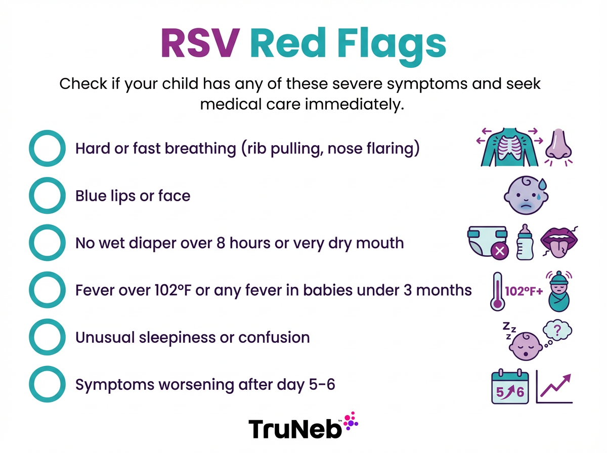 Checklist of RSV red flags: breathing difficulty, blue lips or face, no wet diaper, high fever, lethargy or confusion, worsening after day 5–6.