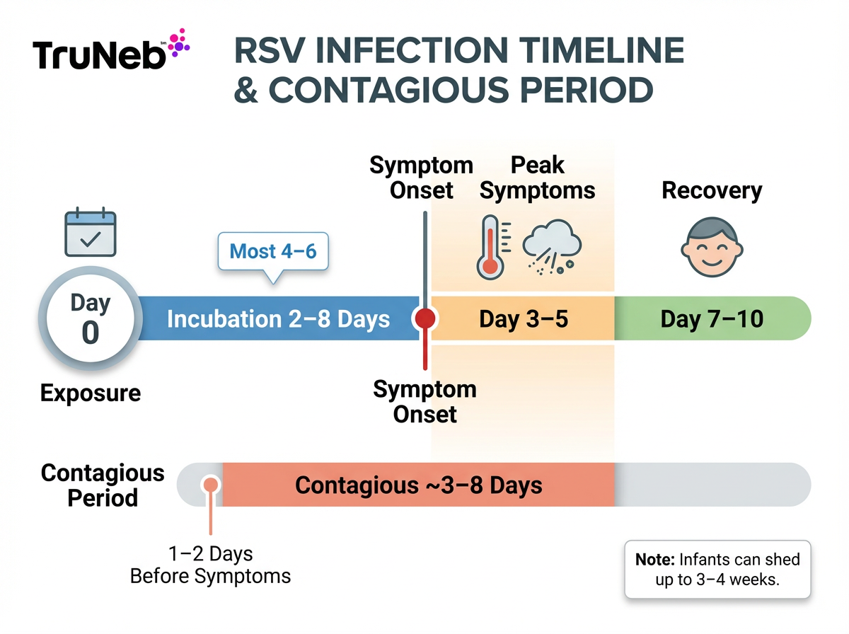 Simple timeline showing RSV from exposure through incubation, symptom peak, recovery, and the contagious window.