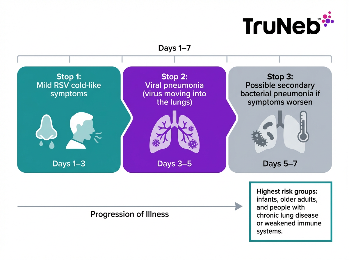 Infographic timeline showing progression from mild RSV symptoms to pneumonia over days 1 to 7