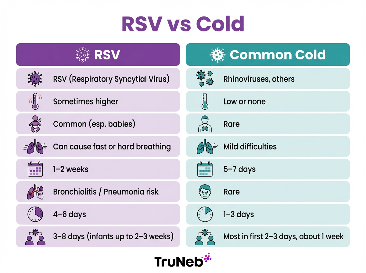 At-a-glance comparison showing RSV causes more chest symptoms and lasts longer than a common cold.