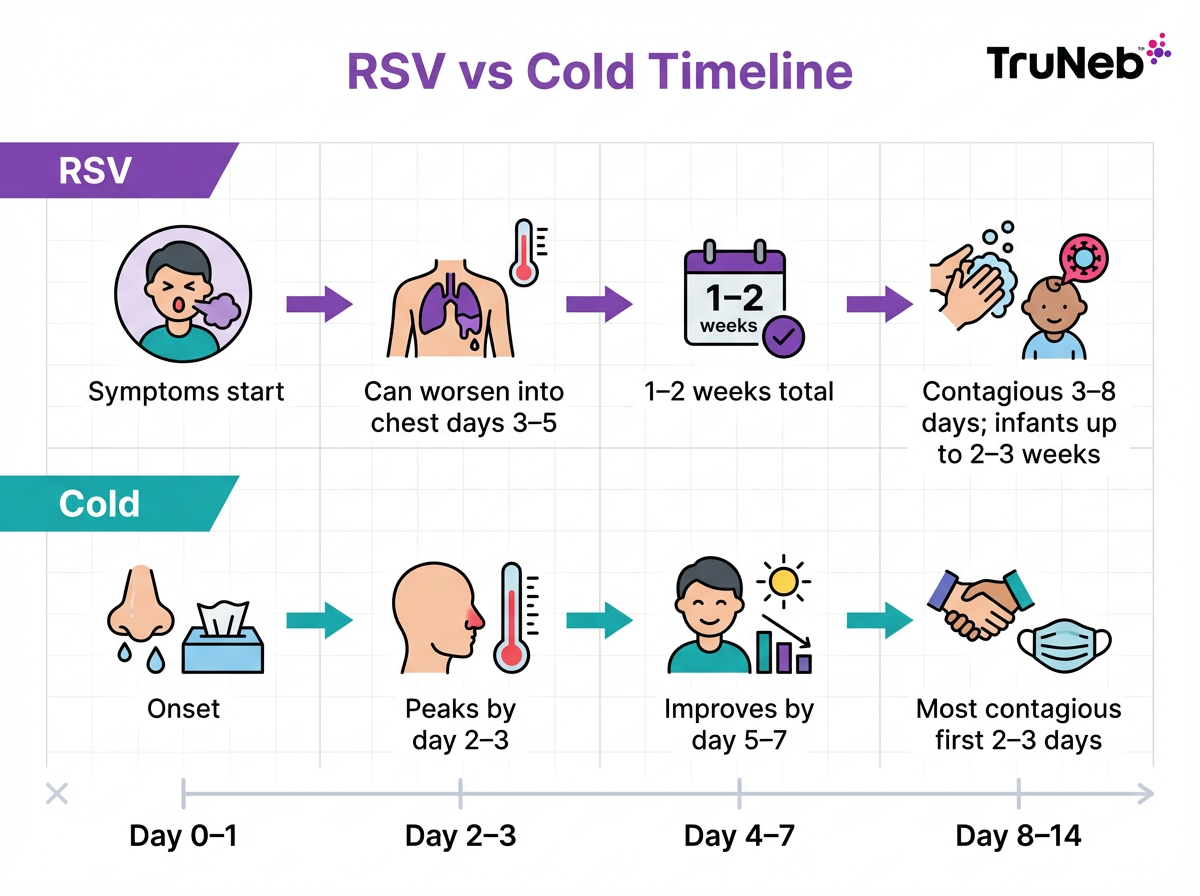 Timeline showing a cold peaks by day 2–3 then improves, while RSV can worsen midweek and last up to two weeks.