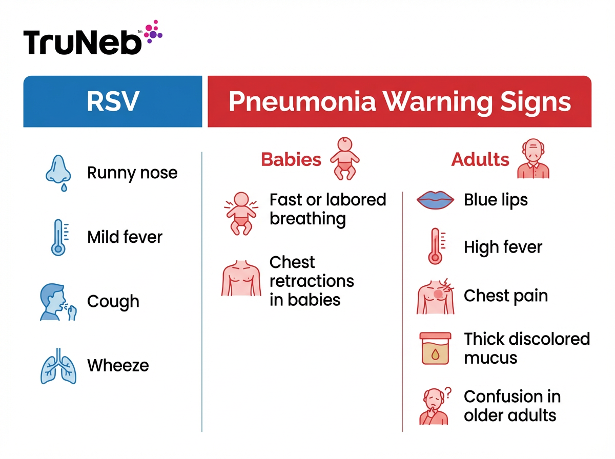 Two-column chart comparing common RSV symptoms with pneumonia warning signs for babies and adults