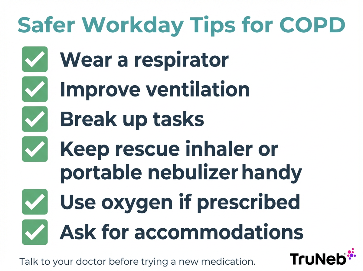 Safer Workday Tips for COPD checklist infographic Checklist showing six simple COPD safety tips for the workday, including mask use and pacing.