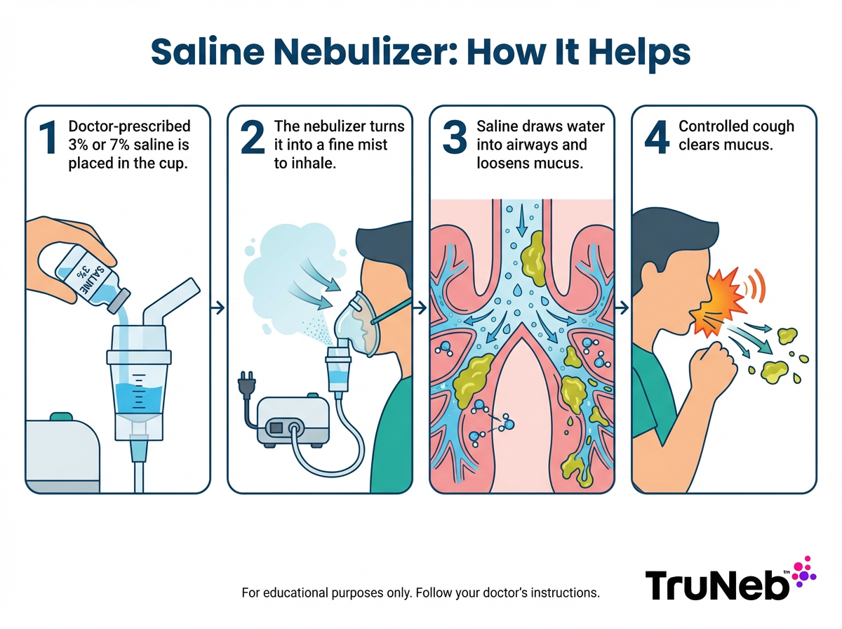 Infographic showing four steps explaining how a saline nebulizer treatment helps clear mucus
