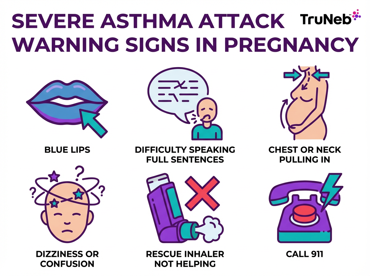 Severe Asthma Attack Warning Signs in Pregnancy Infographic Infographic showing severe asthma attack warning signs in pregnancy