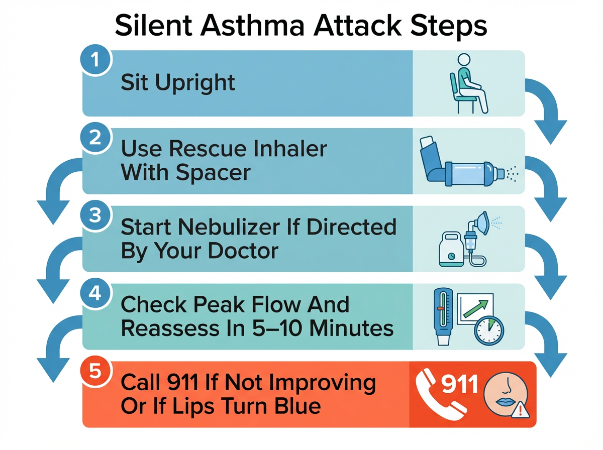 Flowchart of steps to take during a silent asthma attack