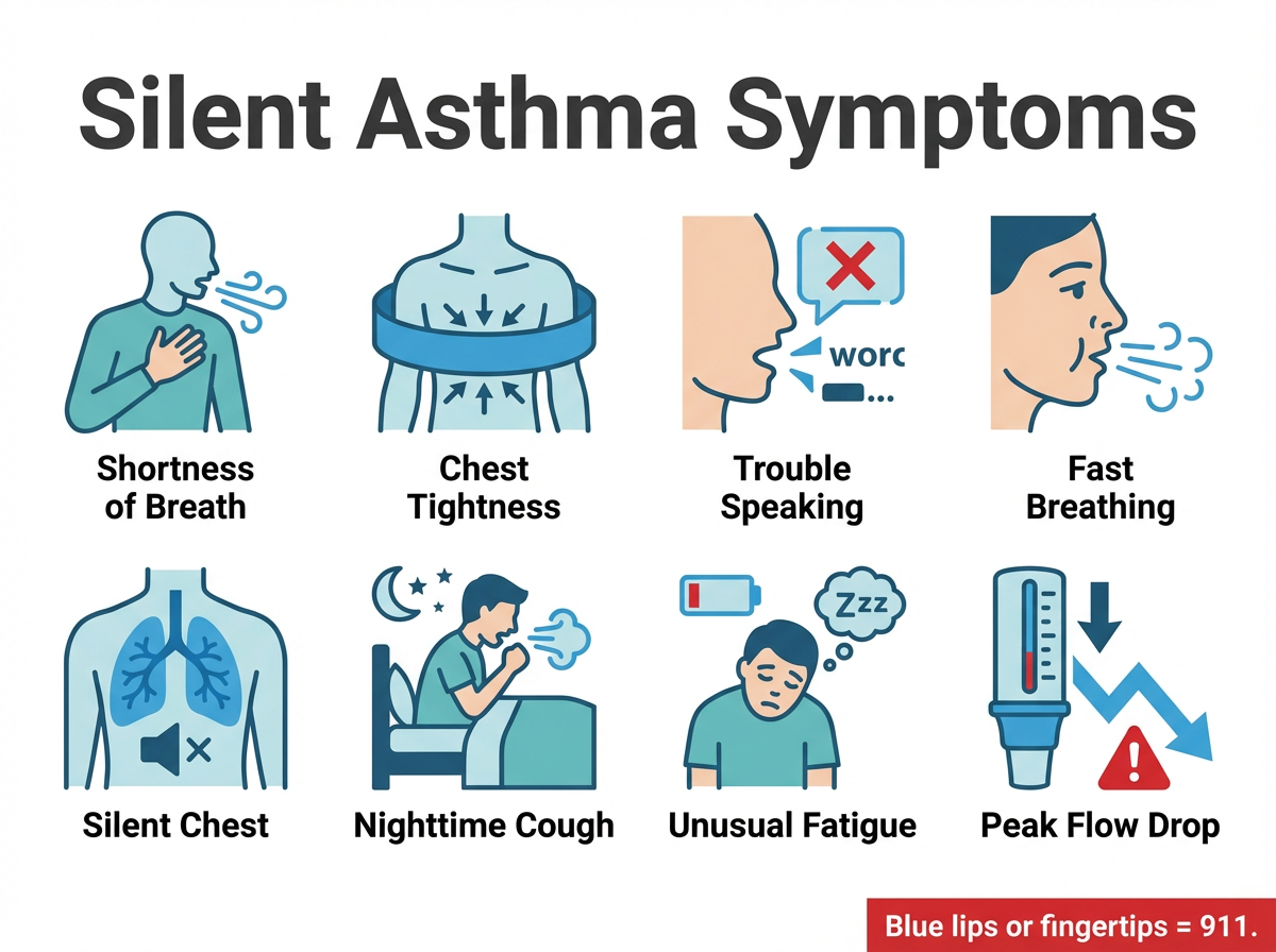 Infographic checklist of silent asthma symptoms with eight icons