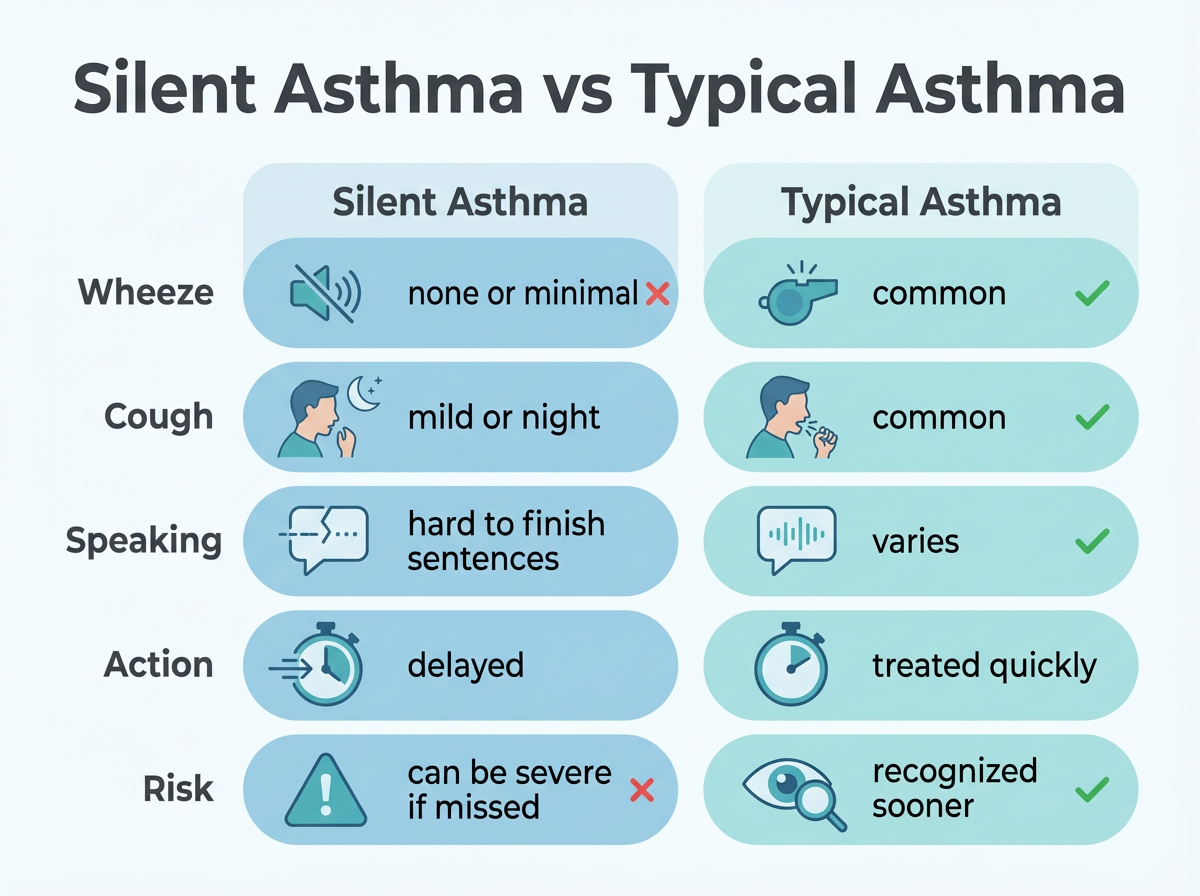 Comparison chart of silent asthma versus typical asthma signs