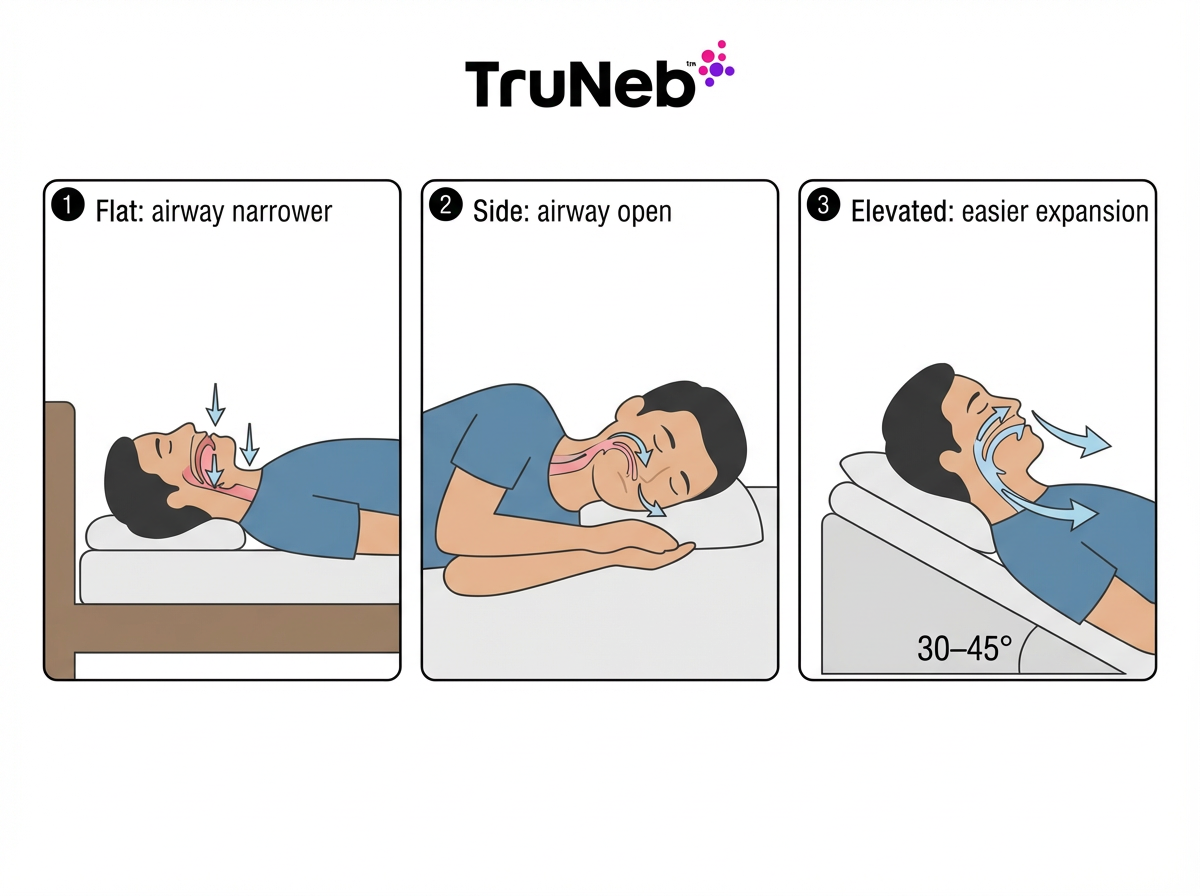 How sleep position changes airway space Three-frame diagram illustrating how side and elevated sleep positions keep the airway more open