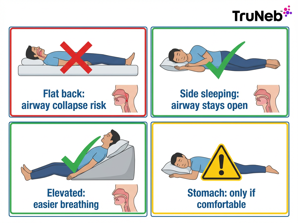 Sleep positions for easier breathing Four-panel infographic showing how sleep position affects airway collapse risk