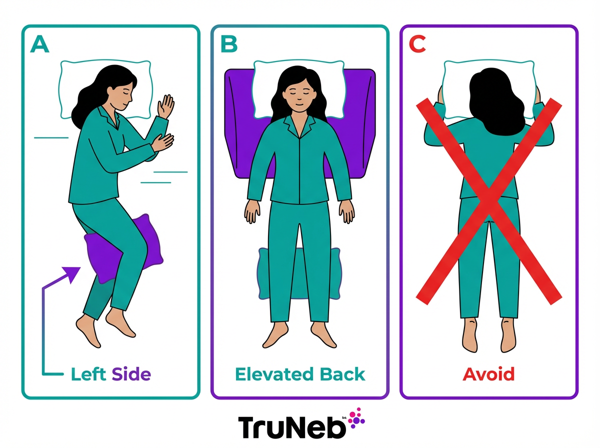 Sleep Positions to Reduce Nighttime Asthma Cough Three-panel diagram comparing left-side, elevated back, and stomach sleeping positions for asthma
