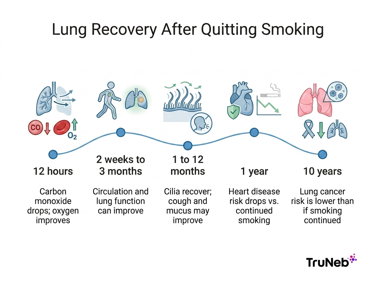 Lung Recovery After Quitting Smoking Timeline infographic showing lung and health recovery milestones after quitting smoking from 12 hours to 10 years