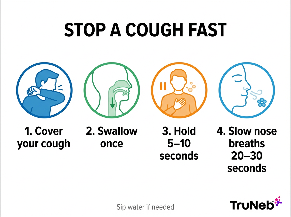Infographic with four illustrated steps to quickly stop a cough