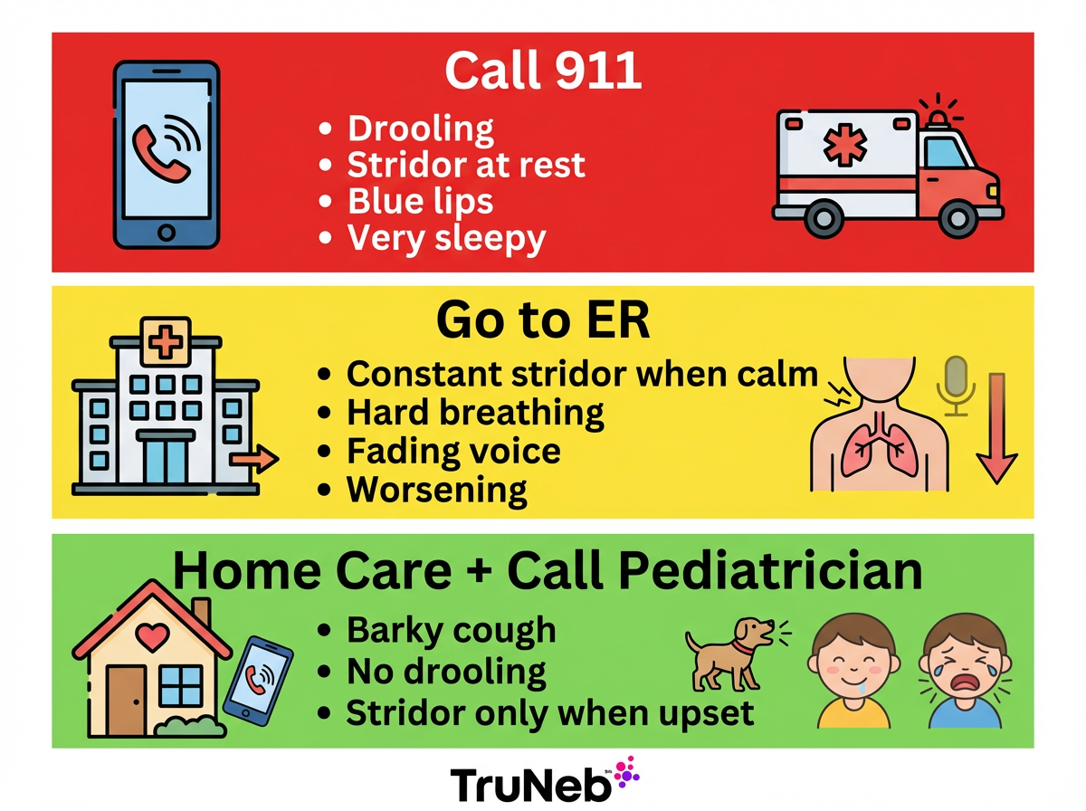 Stridor Action Plan infographic Traffic-light style stridor action plan for when to call 911, go to ER, or use home care.