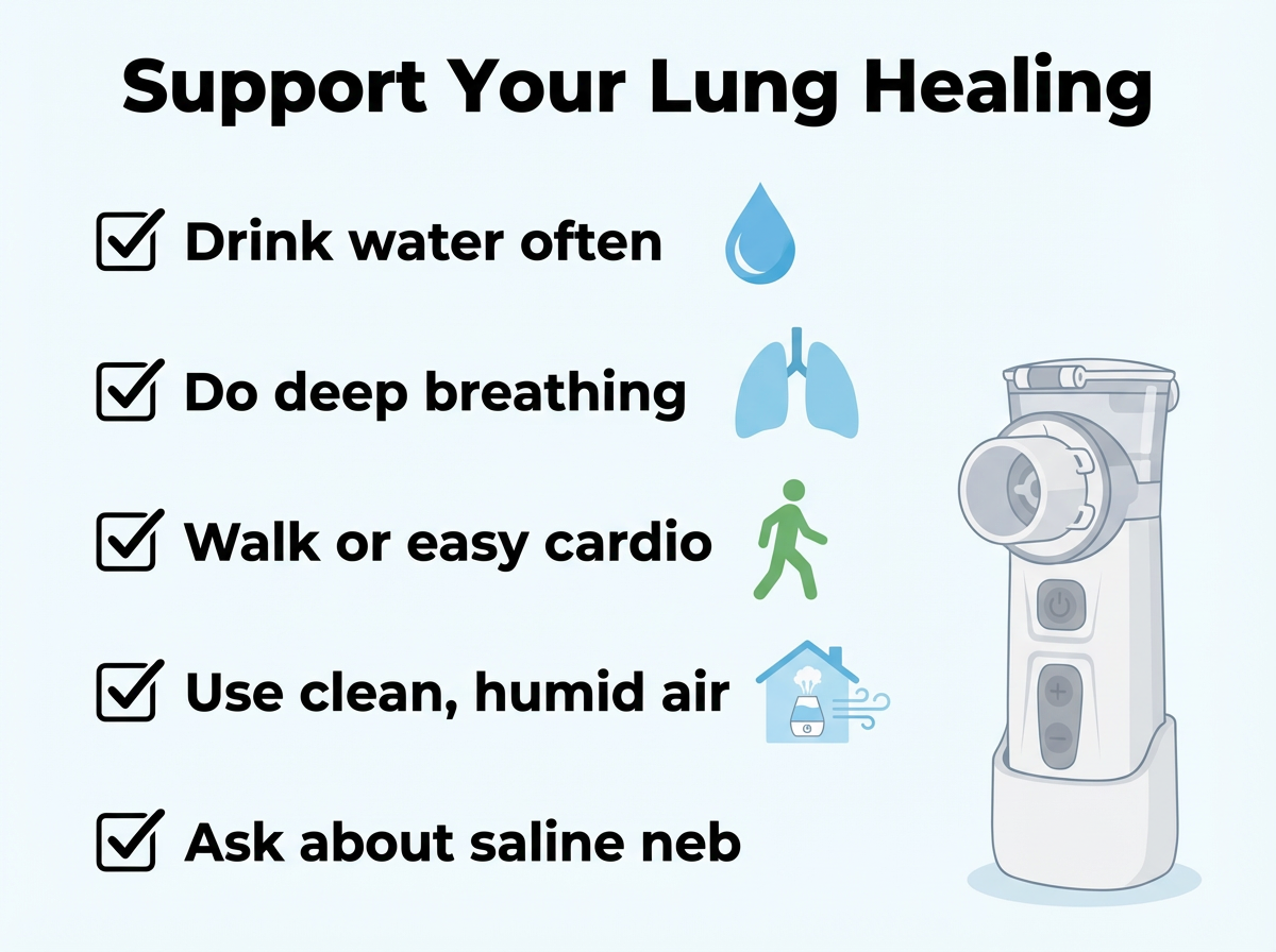 Support Your Lung Healing Checklist Infographic Support your lung healing checklist infographic with TruNeb nebulizer illustration