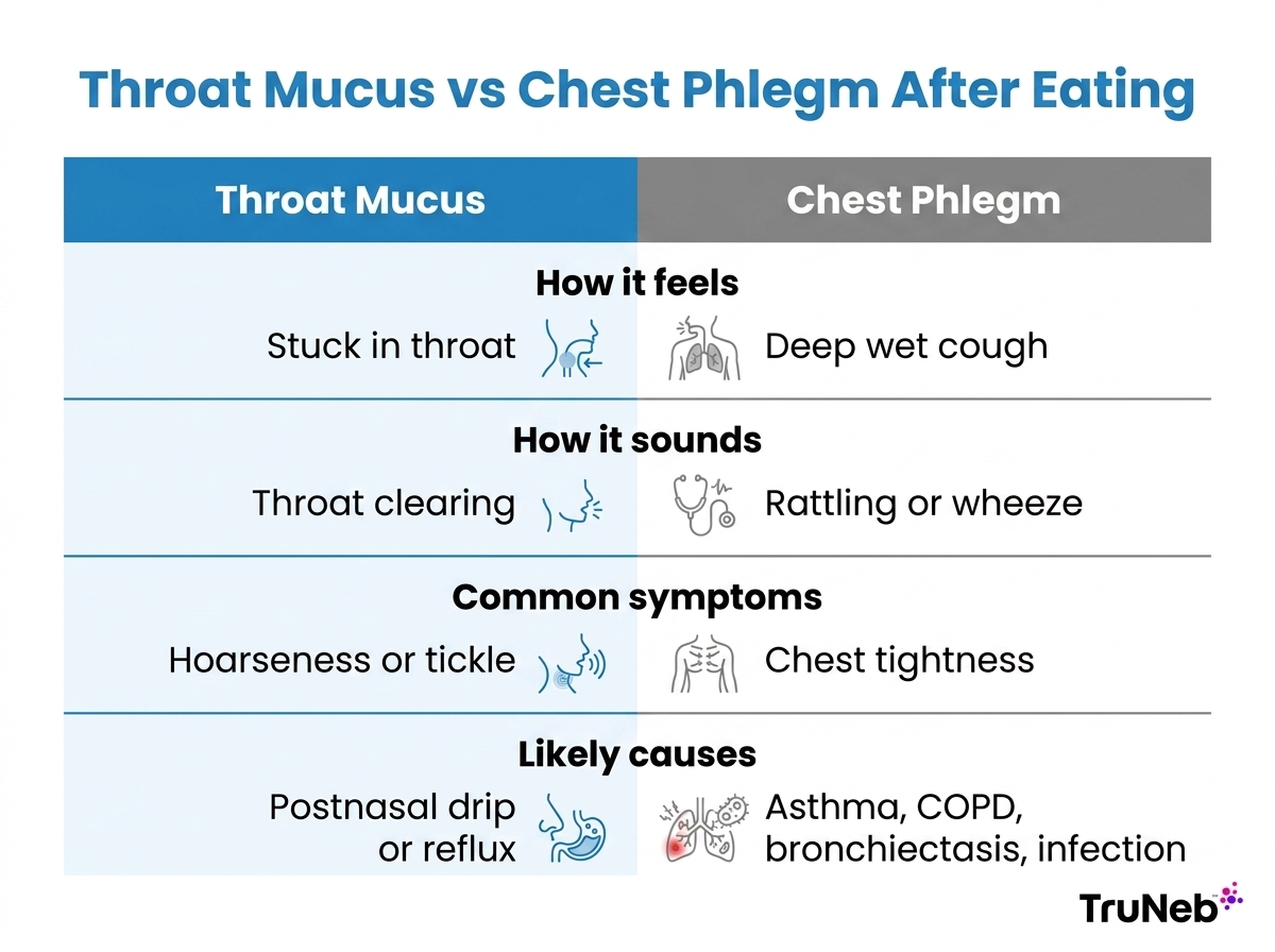 Comparison chart showing how throat mucus differs from chest phlegm after eating by sensation, sound, symptoms, and possible causes.