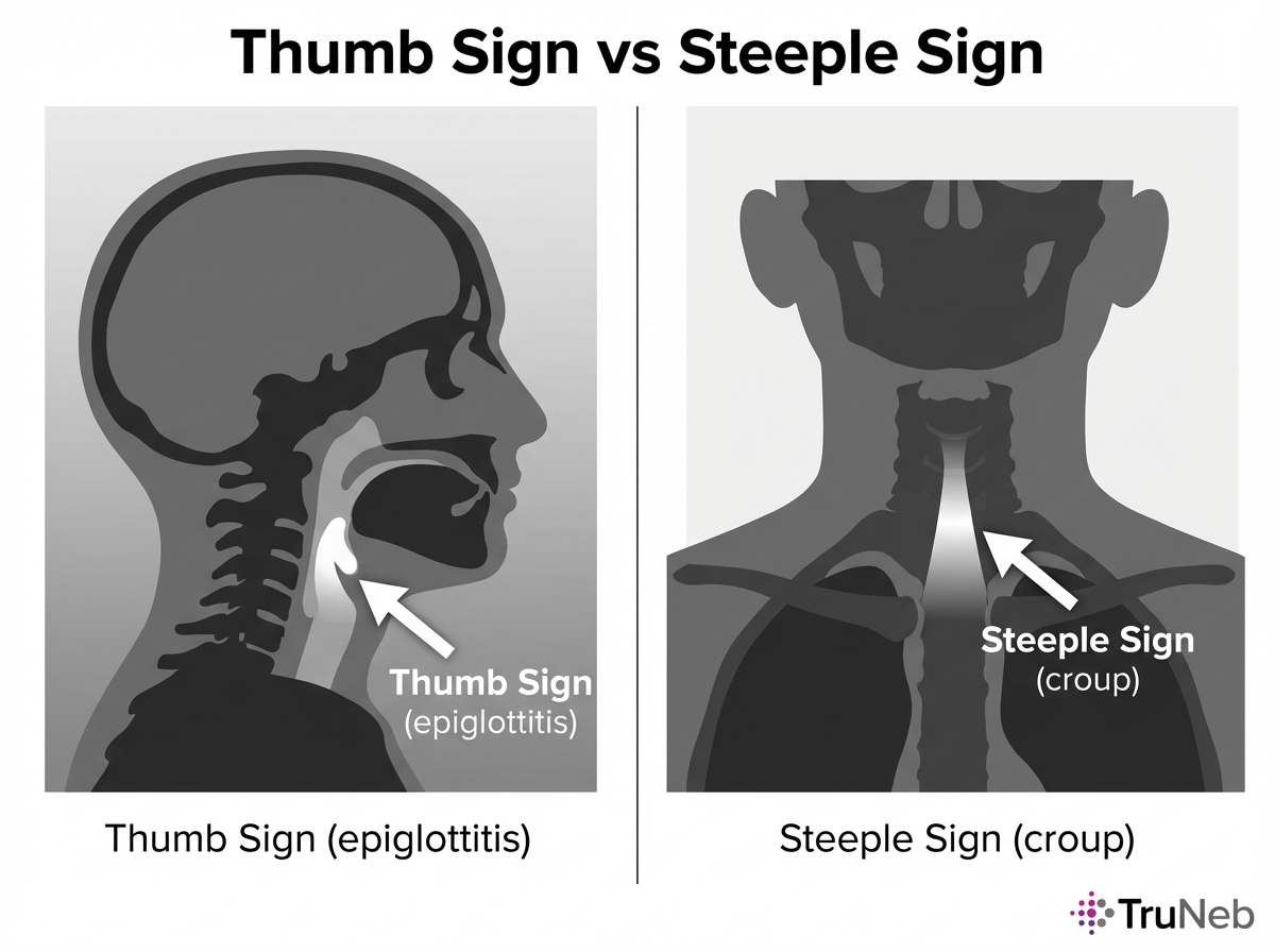 Thumb Sign vs Steeple Sign infographic Neck X-ray signs for epiglottitis and croup.
