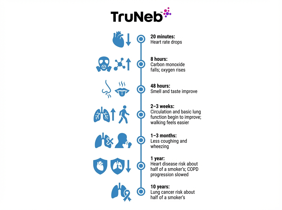 Timeline of health improvements after quitting smoking Timeline showing short-term and long-term gains after quitting smoking, including easier breathing in weeks to months.